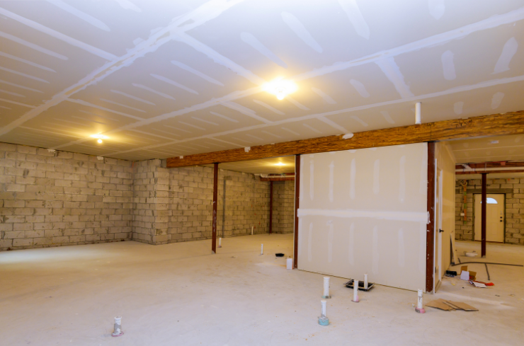 Finished basement with custom bar, butcher block countertop, and LVP flooring — basement remodeling services in Northeast Ohio by J&K Exteriors